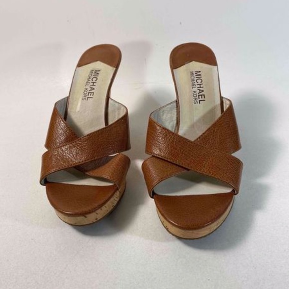 Michael Michael Kors Leather Sandals Brown Criss Cross Strap Cork Wedge Platform - Picture 4 of 6